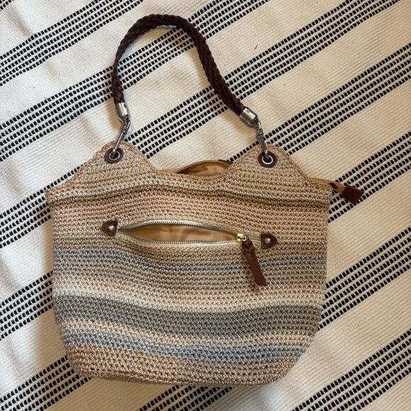 The Sak Striped Crochet Leather Strap Multi Color Hobo Purse Shoulder Bag - Picture 2 of 11